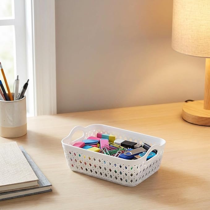 12-Pack Mini Plastic Storage Basket Set, Multipurpose Drawer Trays | White, Kitchen Pantry Containers, Drawer Organizer Trays for Classroom, Desk, Office