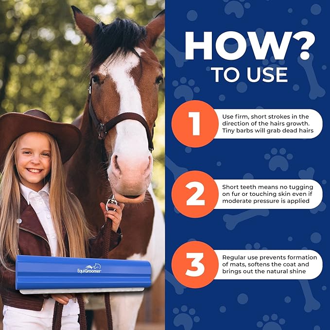 EquiGroomer Deshedding Brush, 8-Inch for Horses and Large Pets, Blue, Removes Loose Dirt, Hair, and Fur, Professional Undercoat Grooming Tool