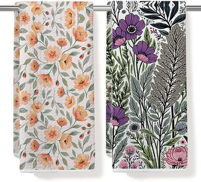 2PCS Vintage Boho Floral Kitchen Towels 14x24 Inch, Absorbent Microfiber Decorative Dish Cloth Tea Towel, Retro Colorful Flower Dish Tea Towels Drying Cloth for Kitchen, Housewarming Gifts for Women02