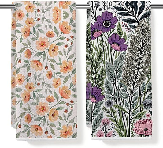 2PCS Vintage Boho Floral Kitchen Towels 14x24 Inch, Absorbent Microfiber Decorative Dish Cloth Tea Towel, Retro Colorful Flower Dish Tea Towels Drying Cloth for Kitchen, Housewarming Gifts for Women02