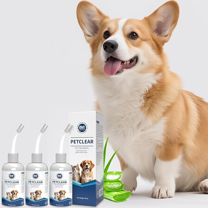 Dog Ear Cleaner, Contains Aloe Vera, Relieves Itching, Removes Earwax Buildup, Debris, Odors, Non Irritating, with Extended Soft Silicone Dropper, For Dogs and Cats, 3 Bottles (6.09 oz in total)