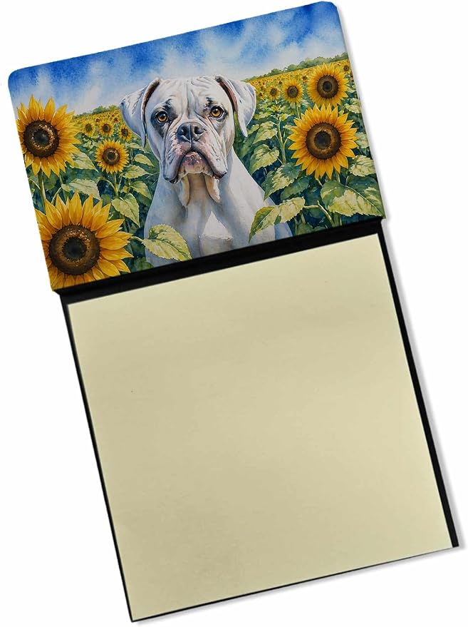 Caroline's Treasures Boxer in Sunflowers Watercolor Sticky Note Holder Refillable Dispenser Desk Accessory 3x3 Pad Gift