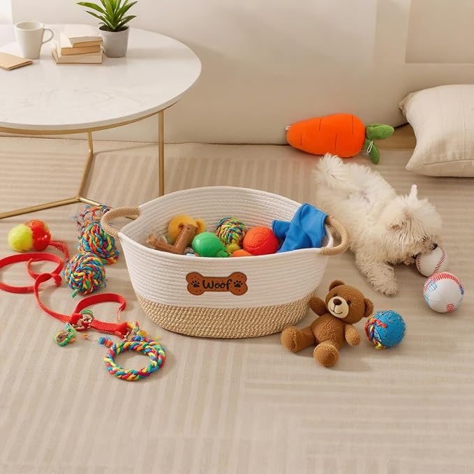 Dog Toy Basket, Dog Toy Box Organizer Baskets, Woven Cotton Rope Pet Puppy Dogs Toy Bin With Handle, Chew Toys Blankets Leashes Storage Baskets for All Pets - Puppies to Large 14" L x 10.2" W x H 7.9"