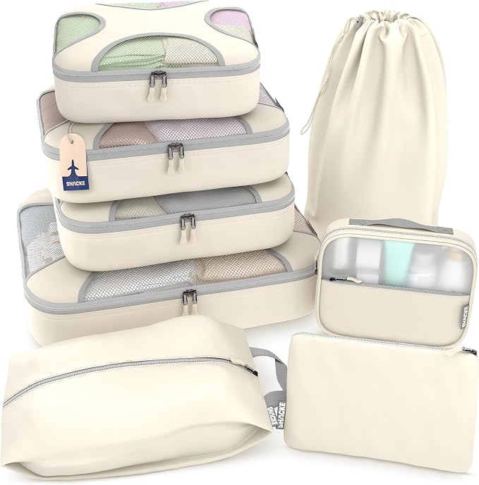 Shacke 8 Set Packing Cubes for Travel, Shoe & Toiletry Bags (Sand) | Complete Suitcase Organizer Bags Set: 4 Luggage Packing Cubes + Laundry, Shoe, Toiletry & Accessories Bags for Any Trip