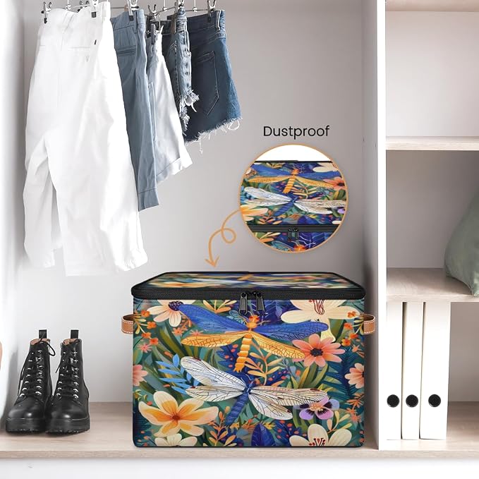 Storage Bin Dragonfly Florals Storage Baskets with Zipper Lid & Handle Foldable Closet Shelf Cloth Organizer Basket Cube Bins Clothes Organizer for Nursery, Bedroom