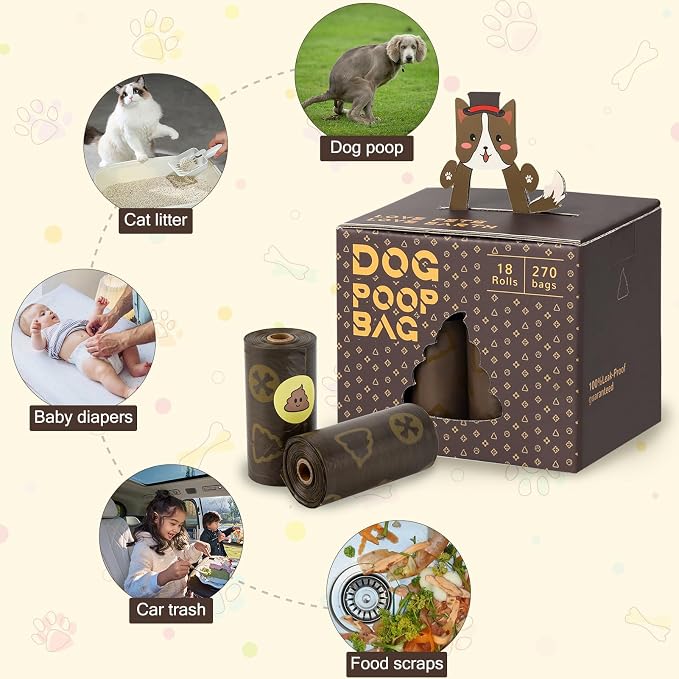 Dog Poop Bags with Dispenser 18 Rolls 270 Count Pet Waste Bags Strong Thick | Coffee Scented Waste Bags, Leak Proof , Portable