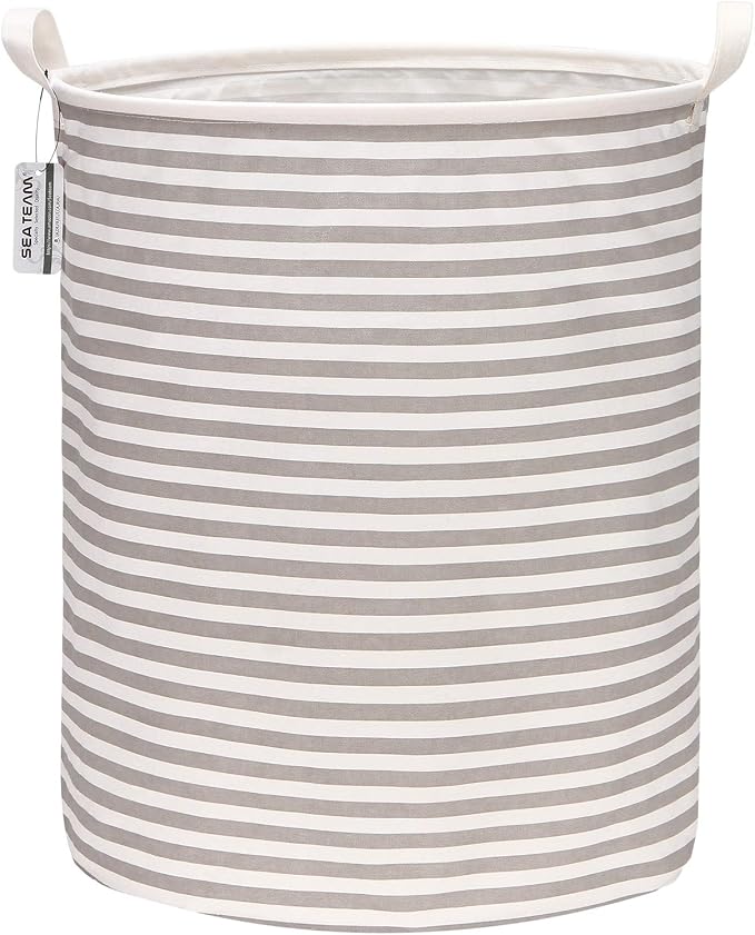 Sea Team Large Canvas Laundry Basket with Handles, Gray Stripes | Collapsible Fabric Laundry Hamper, Closet Shelf Organizers, Containers for Clothing, Blankets, Toys, Bedding, 19.7 x 15.7”