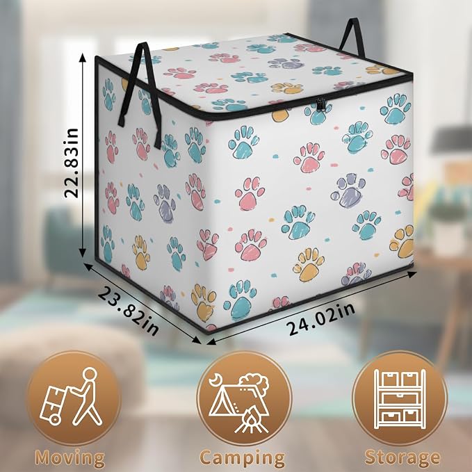 Paw Print Large Storage Bags, Fabric Bed Storage Containers, Foldable Closet Organizers for Blanket, Clothing, Comforter, Bedding, Puppy Dog Paw