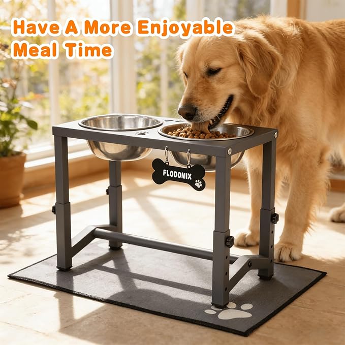Elevated Dog Bowls, 4 Height Adjustable Metal Raised Bowl Stand with 2 Thick Stainless Steel Food Bowls & Spill-Proof Mat, Adjusts to 13.6'', 12.2'', 10.9'', 9.5'' for Large/Medium Breeds