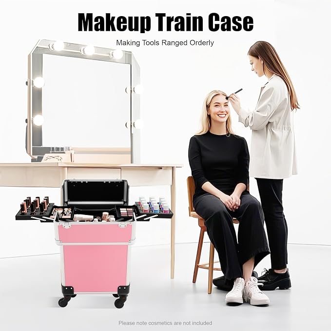 Rolling Makeup Train Case, Lockable Cosmetic Trolley with 2 Keys, Aluminum Cosmetic Case Rolling Makeup Trolley Case 4 Tray with Sliding Rail, Salon Barber Case Traveling Cart Trunk
