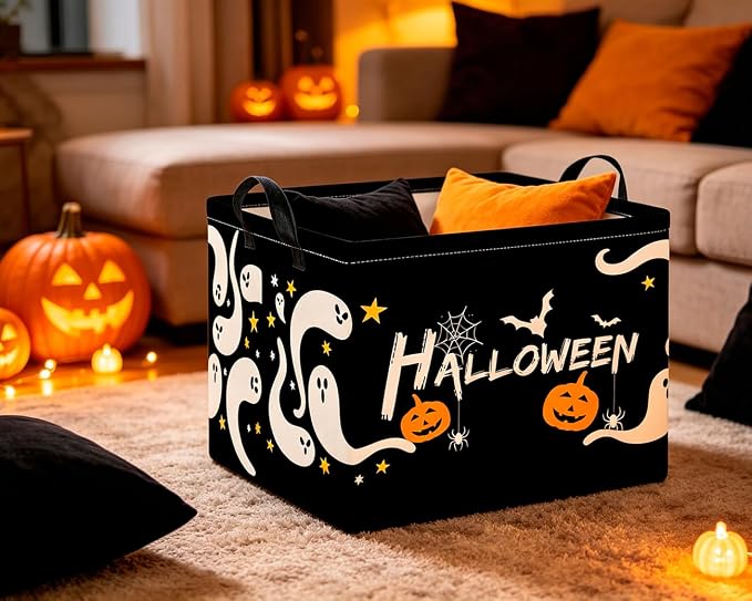 CLOCOR Rectangular Storage Basket,Collapsible Cute Pattern Storage Bin,Waterproof Books Box with Handles,Gift Basket(Serpentine Ghost Halloween)