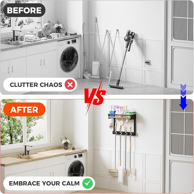 Broom Holder Wall Mount with Shelf,Broom Hanger with 4 Hooks,Broom and Mop Organizer Wall Hanging for Laundry,Garage, Utility,Broom Rack,Cleaning Supplies Organizer and Tool Storage,Black