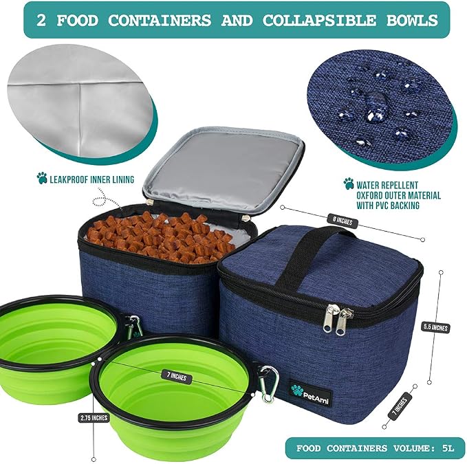 PetAmi Dog Travel Bag Organizer, Pet Supplies Diaper Tote, Navy Blue Large | Pet Travel Kit with 2 Food Containers & 2 Collapsible Dog Bowls, Luggage Sleeve, Weekend Getaway Road Trip Camping Essentials