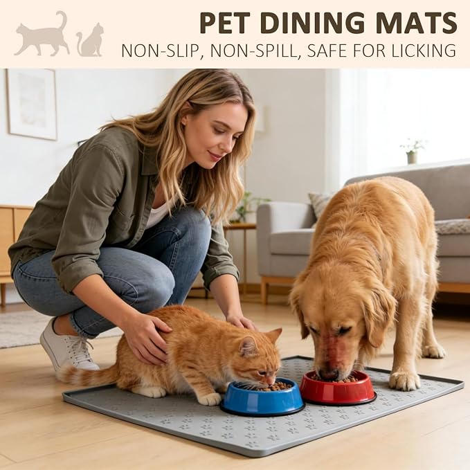 Waterproof Silicone Under Sink Mat Pet Cat Puppy Essentials，Kitchen and Bathroom, Cabinet and Counter Protectors, Storage and Organizer (Light Gray, 19'' x 12'')