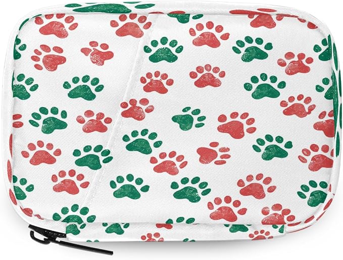 Weekly Pill Organizer Travel Size Bag with Removable 7 Day Pill Box Portable Vitamin Case Purse with Zipper,Red Green Pet Paws White