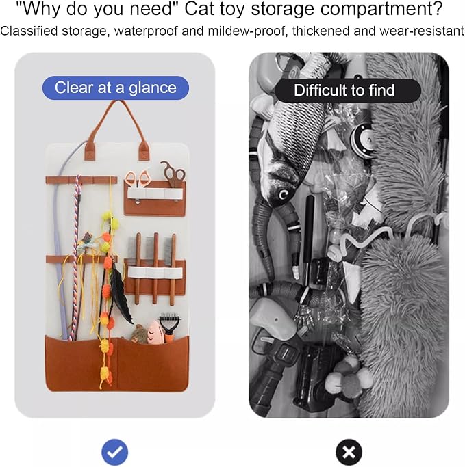 Cat Toy Holder Organization Wall Mount Home Decor Pockets | Wand Toy Organizer Bag for Indoor Cats Grooming Brush Pet Comb Bedroom Living Room Home Apartment