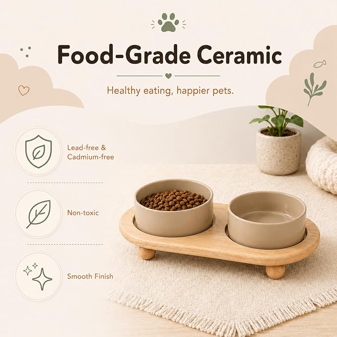 Havniva Raised Cat Bowl 5.1” Elevated Ceramic Cat Food and Water Bowl Set | Cat Bowls Elevated, Whisker Friendly Cat Bowl, Non-Slip Wood Stand, Food-Grade Ceramic, Wide Opening, Dishwasher Safe