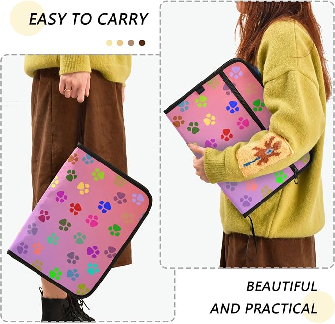 13 Pocket Zipper Expanding File Folder A4 Dog Paw Print Colorful | Accordion File Organizer with Front Pouch A4 Letter Size Portable Folders for Documents Receipt School Office Supplies