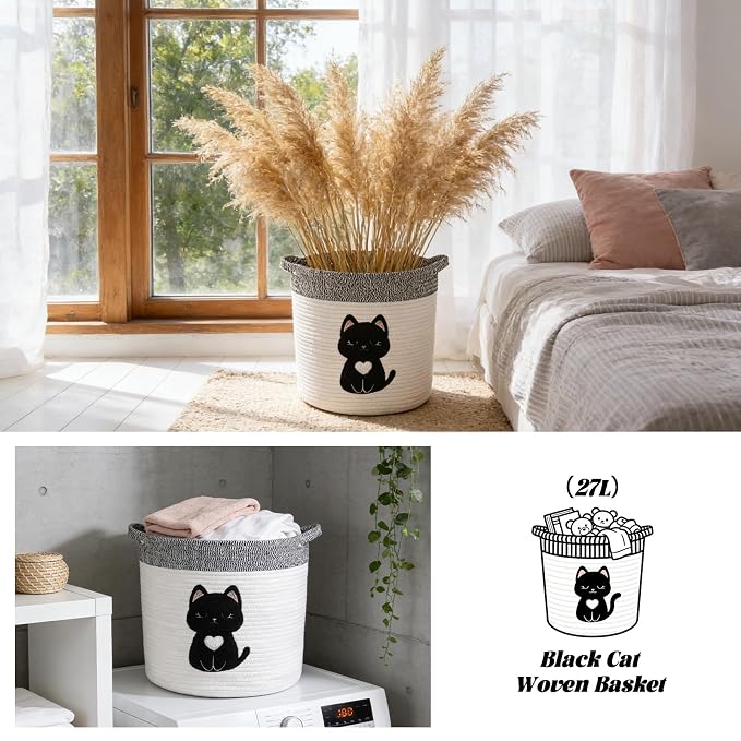 Black Cat Storage Basket - Woven Cotton Rope Basket with Soft Felt Patch, Foldable Organizer for Nursery, Pet Toys & Laundry, Gift & Home Decor (11.8 Inch, Washable)