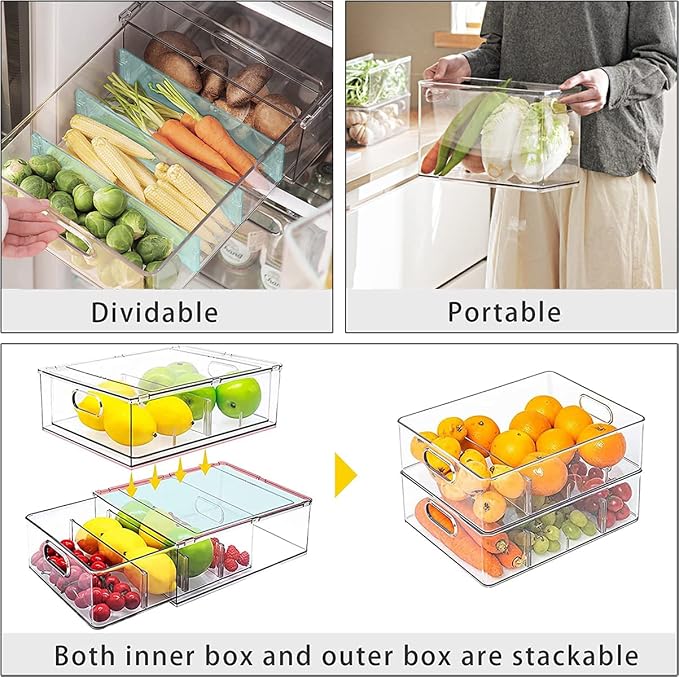 4 pack Stackable Fridge Drawers Pull-Out Bins Divided Produce Saver Containers for Refrigerator Storage Organizers for Veggie Fruit Berry Pantry Cabinet Makeup Clothes