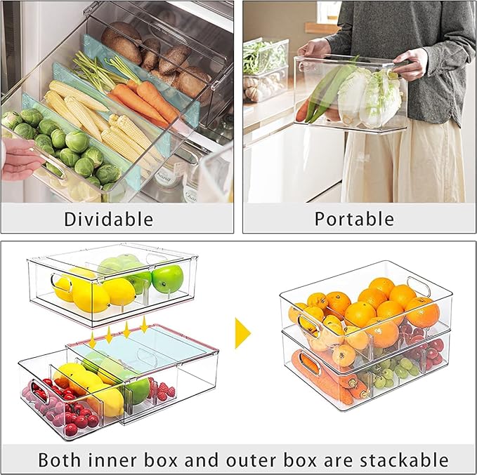 Stackable Fridge Drawer Pull-Out Bins with Handles 3 Pack Large Clear Food Container with Removable Dividers Refrigerator Storage box Divided Produce Saver for Pantry Kitchen
