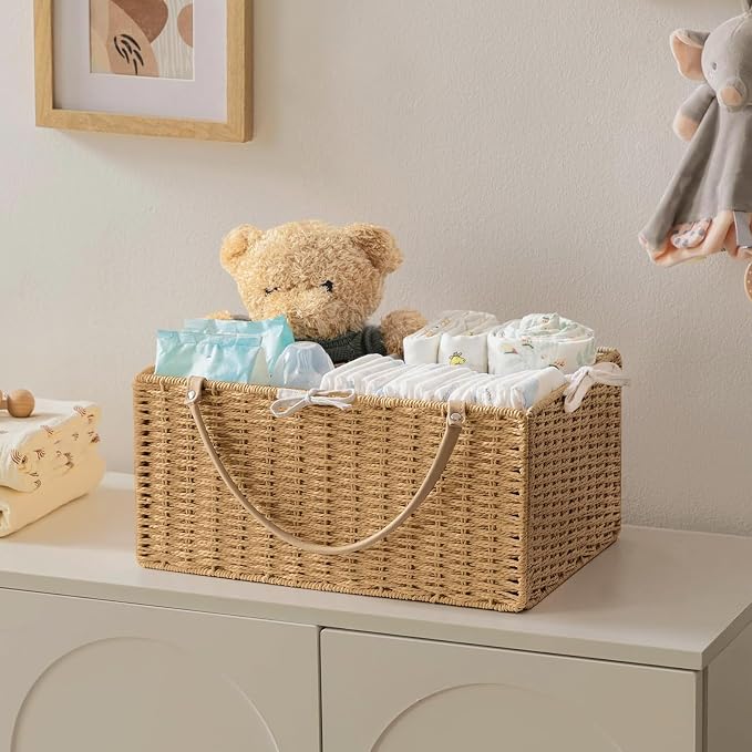 HBlife Large Baby Diaper Caddy Organizer, Paper Rope Storage Baskets Nursery Bin with Removable Divider, Portable Car Organizer for Diapers, Baby Shower Gifts, Newborn Essentials Must Haves