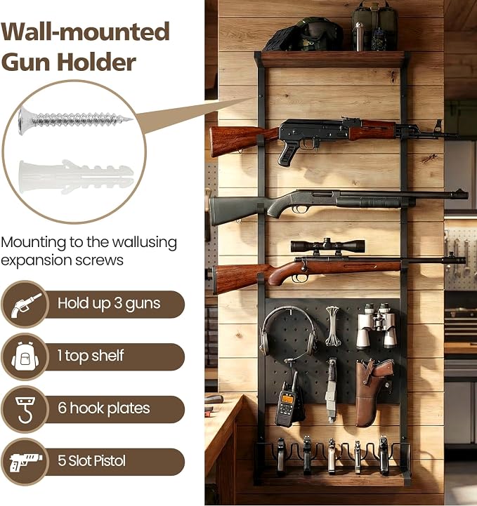 Indoor Gun Rack for Wall, Premium Wood & Metal Rifle Rack & Pistol Holder | Gun Wall Mount Display with Pegboard & Shelf, Versatile Storage for Shotgun Sword Bow for Home Gun Room, Garage and Man Cave