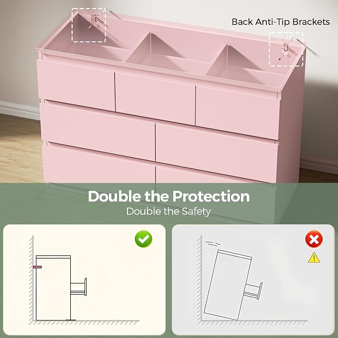 Pink 7 Drawer Dresser for Bedroom,Modern Wood Chest of Drawers,Closet Clothes Storage Organizer with Deep Drawers for Living Room Hallway Entryway,Nursery (15.3" D x 47.2" W x 32.3" H)