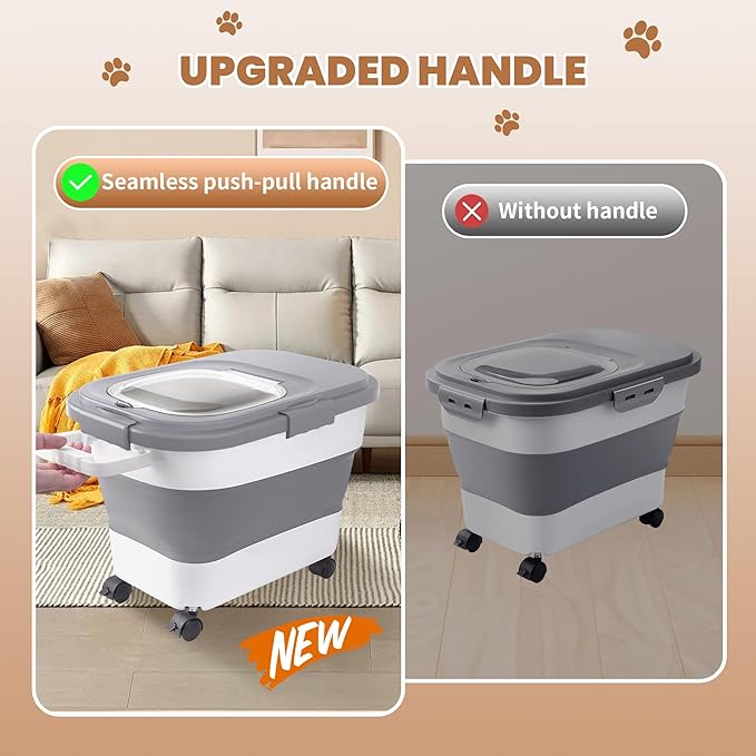 15-23Lbs Airtight Dog Food Storage Container,Collapsible Dog Food Container | Cat Food Container with Double Airtight Seal & Magnetic Lid,Large Pet Food Storage Container Wheels & Handle for Easy Moving