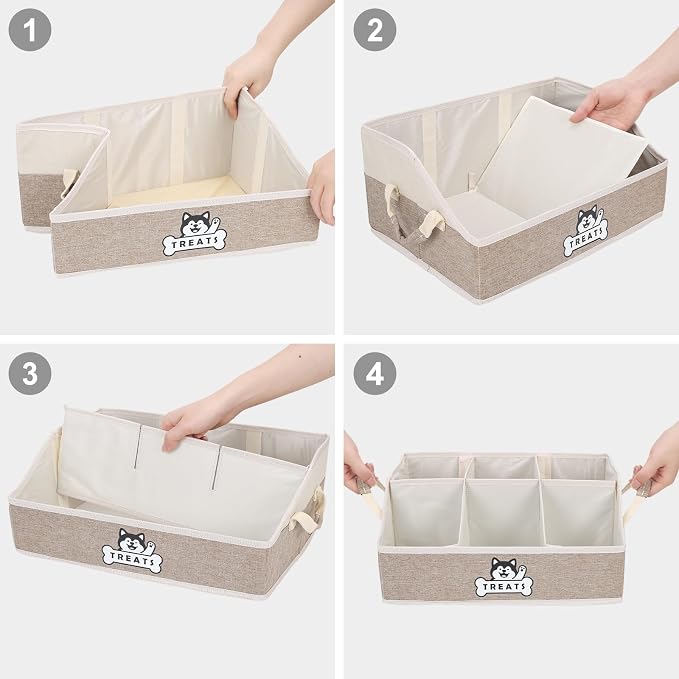Dog Treat Storage Organizer for Countertop with Fabric Handle and Dividers | Collapsible Dog Treat Container for Living Room Area, Trapezoid Storage Basket for Pet Supplies with Adjustable Dividers