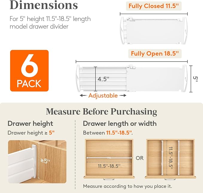 Lifewit 5" Tall Drawer Dividers, Adjustable Deep Drawer Organizer Clothes | 11.5"-18.5" Expandable Plastic Separators for Dresser, Kitchen, Cabinet, Nursery, Office, Socks & Underwear Storage, 6 Pack