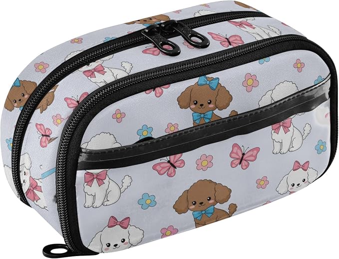 Cute Pets Dogs Blue pattern Large Capacity Pencil Case with Zipper Water Resistant Portable Organizer Pen Bag for Students School Office