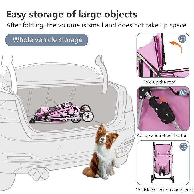 FDW Pet Stroller Foldable Dog Stroller 3-Wheel Durable Cat Jogger Stroller for Small and Medium Dogs Cats with Washable Liner Storage Basket Cup Holder,Pink