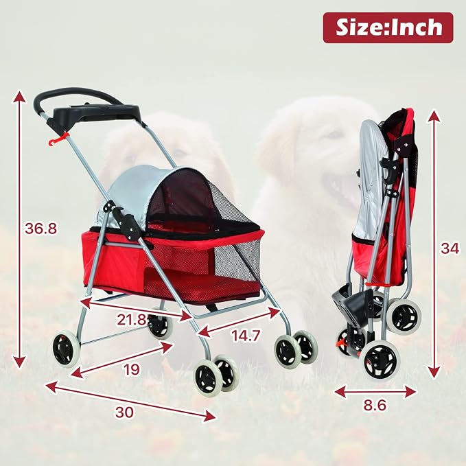 HGS Pet Cat Dog Stroller 4 Wheels Jogger Puppy Travel Carrier Portable Doggie Cage Strolling Cart with Cup Holders, 35Lbs Capacity Folding Waterproof Strolling Cart for Medium Dogs Cats Pet, Red