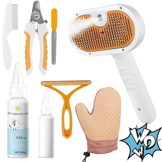 Pet Steam Brush for Dog & Cat – 3-in-1 Spray Hair Removal Comb for Shedding & Grooming, Softens Fur & Reduces Static – Water Brush for Long & Short Coats, Bath-Hating Pets, Includes Waterless Shampoo