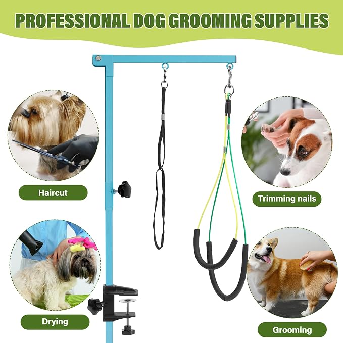 getlstub Dog Grooming Arm with Pet Grooming Hammock, 35" Pet Grooming Table Arm with Adjustable No Sit Haunch Holders, Dog Grooming Stand with Loop Noose for Small and Medium Pets, Blue