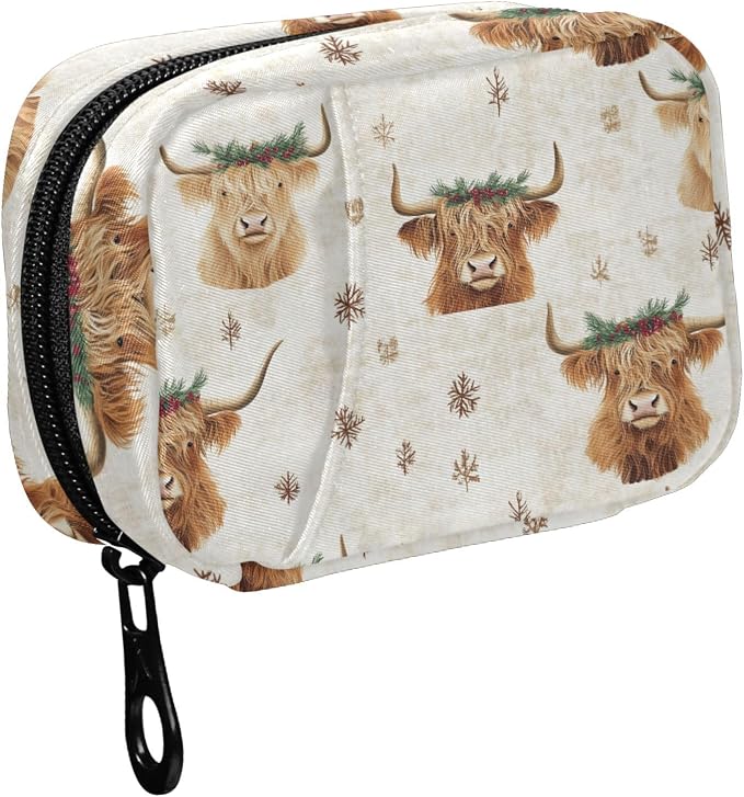 Fustylead Christmas Shaggy Highland Cows and Decor Pill Organizer Travel Bag, Small Portable Pill Case Cute for Vitamin Fish Oil Supplements Medicine Organizer with Zipper