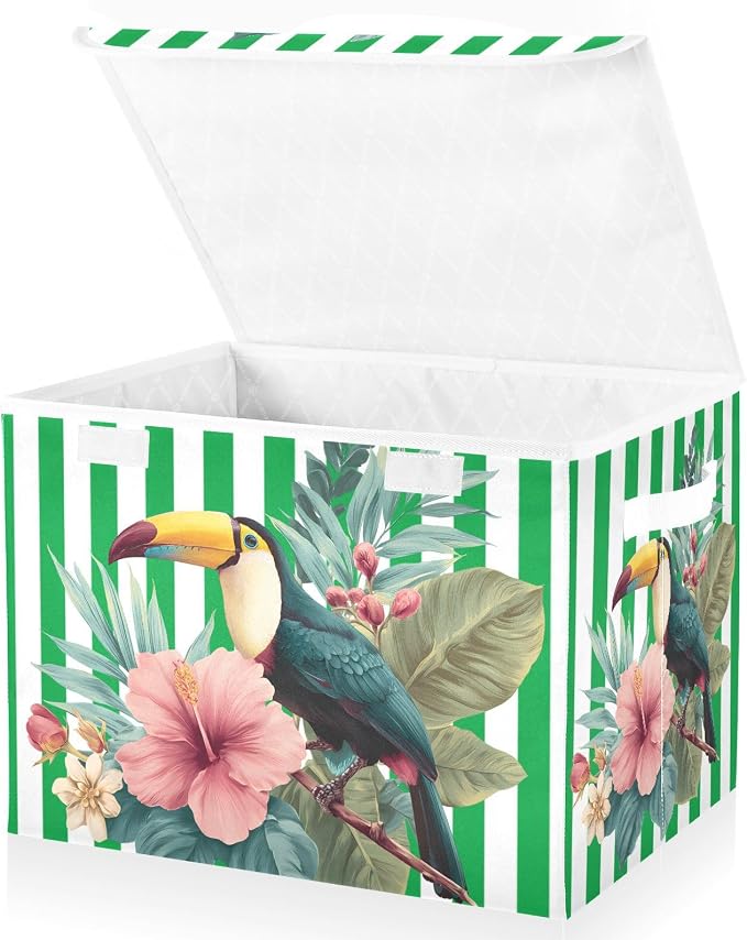 Fabric Storage Bins with Lid Floral Bird Foldable Storage Boxes 40L Baskets | Decorative Storage Boxes, Dust-Proof Flip Top, Reinforced Handles, For Home & Bedroom, Clothes & Toy Box, Flower Fabric Print