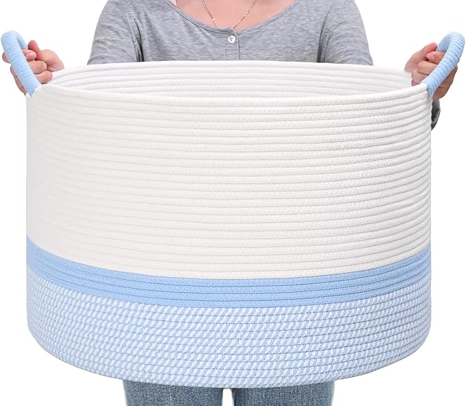 67L Large Blanket Basket, 20"x13" Blanket Basket Living Room, Woven Baskets With Handle, Toy Baskets for Blankets, Nursery, Dog, Pillow, Gift (White & Blue)
