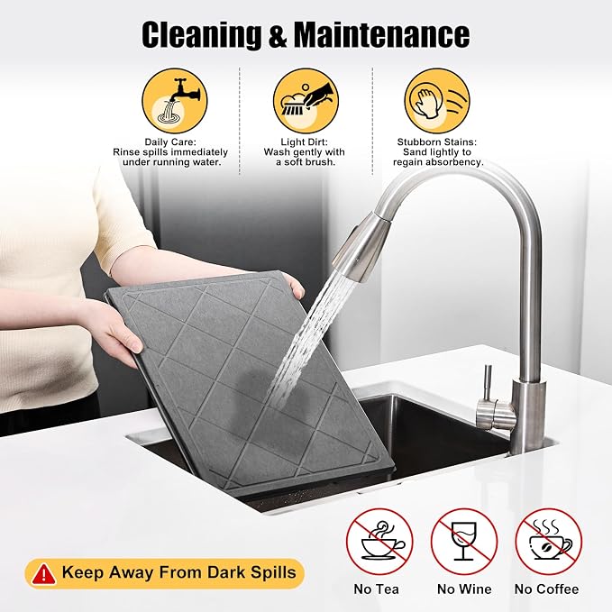3-in-1 Collapsible Stone Dish Drying Mat for Kitchen Counter | Foldable Water Absorbing Diatomaceous Earth Drying Organizer Pad for Plate Rack Bottles Utensils (Gray - Grid Pattern, 24‘"x16")