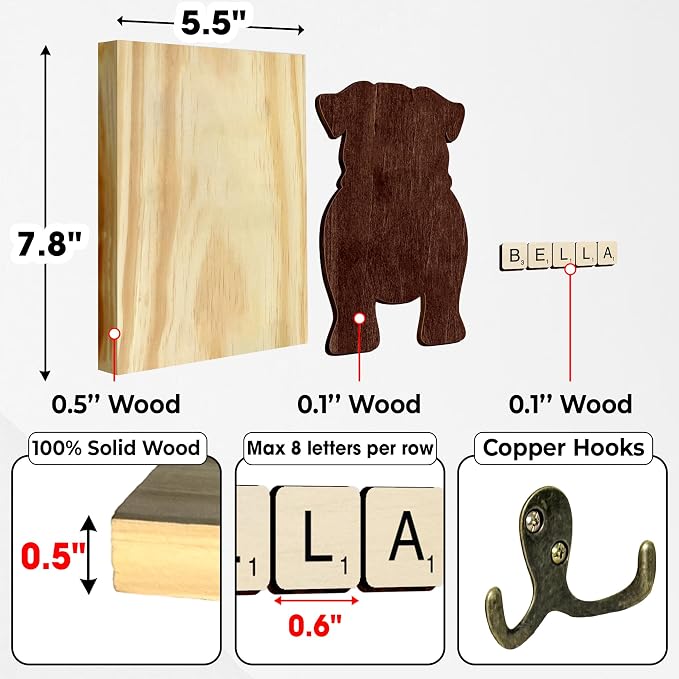 Pug Dog Leash Holder Wall Mount with Scrabble Letters, Wooden Dog Wall Hook Organizer, Pet Collar and Harness Holder for Entryway, Key Hook and Leash Rack, Pet Lovers Gift Home Decor PF297-58