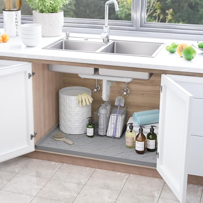 Waterproof Under Sink Mat 40" x 22" Silicone Mat Cabinet Protector | Heavy Duty Deep Drip Tray, Extra Thick Non Slip Liner for Kitchen & Bathroom, Pets, Organizer, Storage, Boots, Home Essential