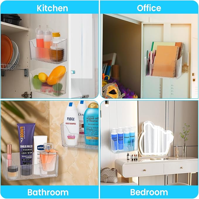 4pcs Adhesive Cabinet Door Storage Bin Wall Mounted Inside Over Cabinet Door Organizer Clear Storage Shelf Containers For Food Under Sink Storages Shelf Refrigerator Kitchen Bathroom Office