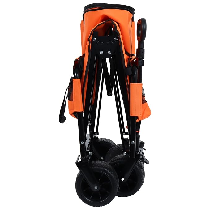 3-in-1 Pet Wagon Stroller with Bench Seat & Storage – Portable Travel Carrier for Dogs & Cats, 500Lbs Heavy-Duty Foldable Cart with All-Terrain Wheels for Camping, Park & Outdoor Use (Orange)