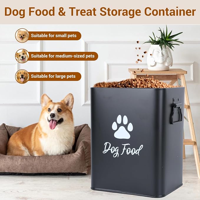 Dog Food Container 6.6lb, Cute Airtight Pet Treat Storage Containers with Metal Lid Scoop, Metal Storage Bin for Dog/Cat Durable Airtight Great Gift for Pet Owners-Black
