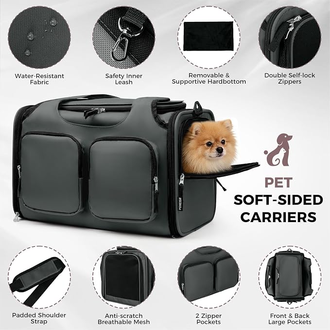 Dog Cat Carrier Airline Approved Collapsible Soft-Sided Pet Travel Bag | Pet Carrier Up to 12 lbs, Locking Zippers, Breathable Mesh, 4 Large Pockets, Removable Fleece Pad, Dark Grey