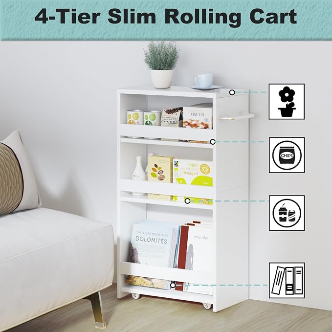MARTY Slim Rolling Storage Cart, Wood Utility Kitchen Bathroom Laundry Cart | 4 Tier Kitchen Cart with Wheels Handle, Laundry Room Organization Between Washer and Dryer, Narrow Storage Cabinet, 8” Wide
