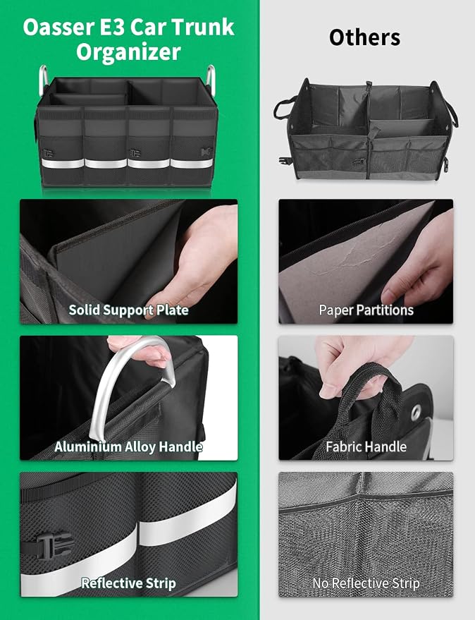 Oasser Trunk Organizer with Sturdy Hard Lid, Large, Black | Aluminium Alloy Handle, supports up to 110lb load, 1680D Splash-Resistant Material, Reflective Strip, Anti-slip bottom
