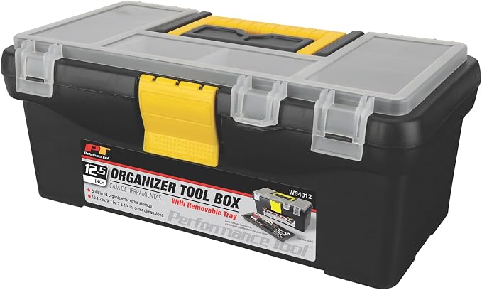 Performance Tool W54012 Heavy Duty Plastic Organizer Tool Box for Workshops and Garages, Black, 12.5-Inch | Tool organizer with ergonomic comfort handle. Plastic portable tool carrying case for hobbies and more