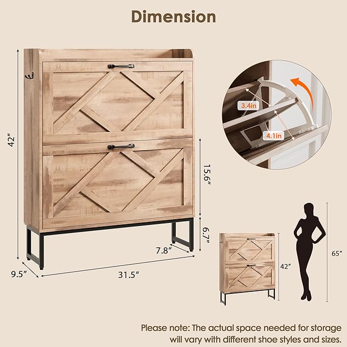 Shoe Storage Cabinet with 2 Flip Drawers, Entryway Organizer, Oak | Slim Shoe Cabinet with Metal Legs, Narrow Farmhouse Shoe Organizer for Entryway, Foyer, Hallway, Wood Shoe Rack with Hook